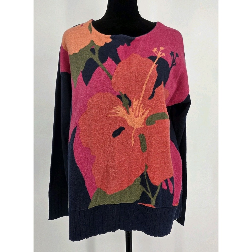Tommy Bahama Floral Knit Sweater Medium Navy Hibiscus Pullover Cotton Womens